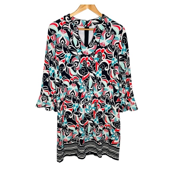 Crown & Ivy Bell Sleeve Split V-Neck Floral-Print Dress. Size Large. - Picture 2 of 14